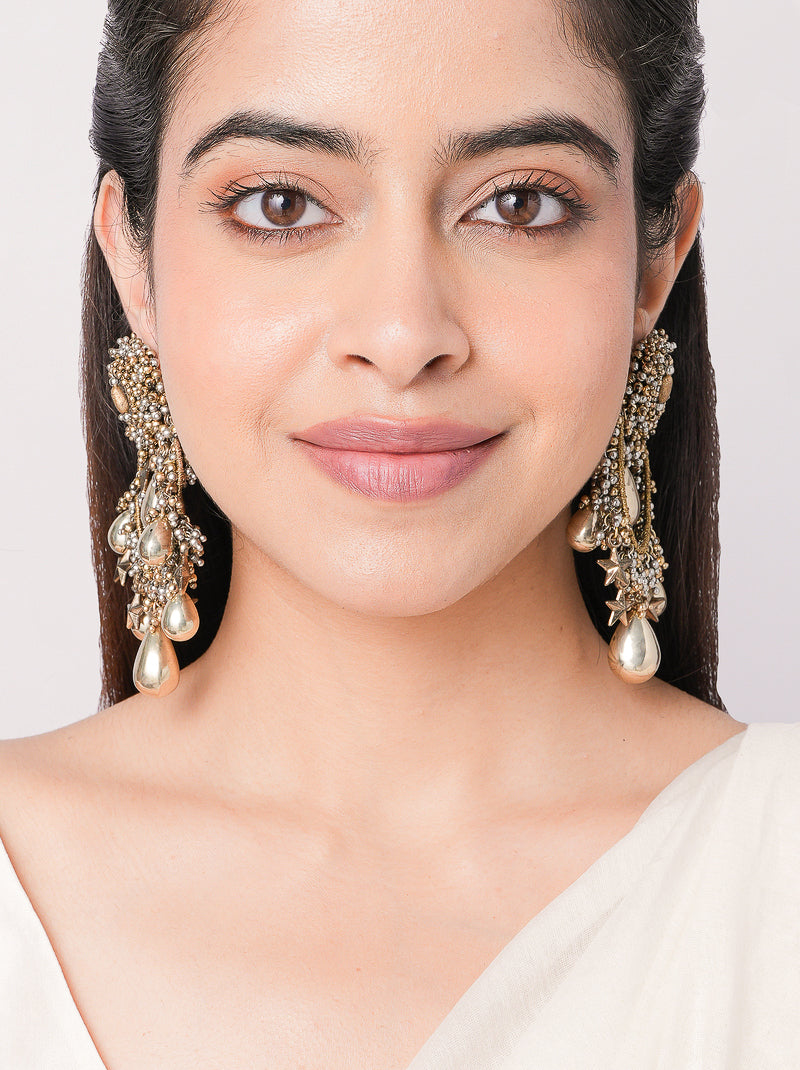 Handcrafted Koppal Celestial Drop Earrings featuring brass metal, pearl accents and intricate beadwork with an elegant Antique Finish.