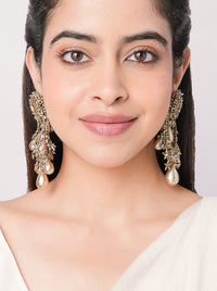 Handcrafted Koppal Celestial Drop Earrings featuring brass metal, pearl accents and intricate beadwork with an elegant Antique Finish.