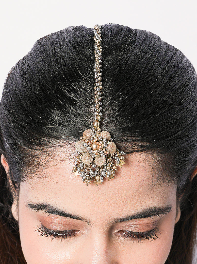 Kundh Antique Mirror Maangtika handcrafted with intricate mirror work, brass detailing, glass bead accents, and an Antique Tone Finish, perfect for weddings, haldi, mehendi, receptions, and festive celebrations.