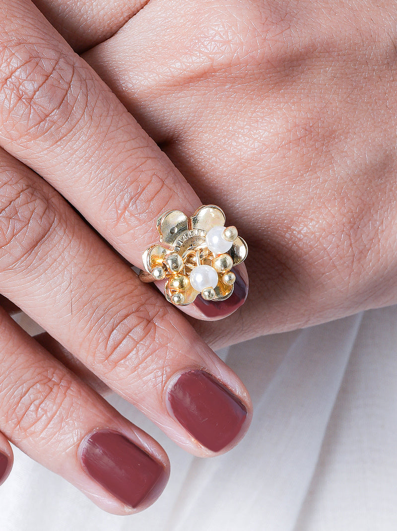 Lasya Pearl Floral Ring handcrafted with sculpted gold petals, faux pearl accents, crystal detailing, adjustable band, and luxurious Gold Tone Finish for festive and statement styling.