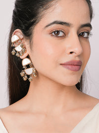 Lavanya Mirror Designer Earcuff in antique gold featuring ivory mirror panels, crystal embellishments and dangling ghungroo-inspired charms for bridal and festive styling.