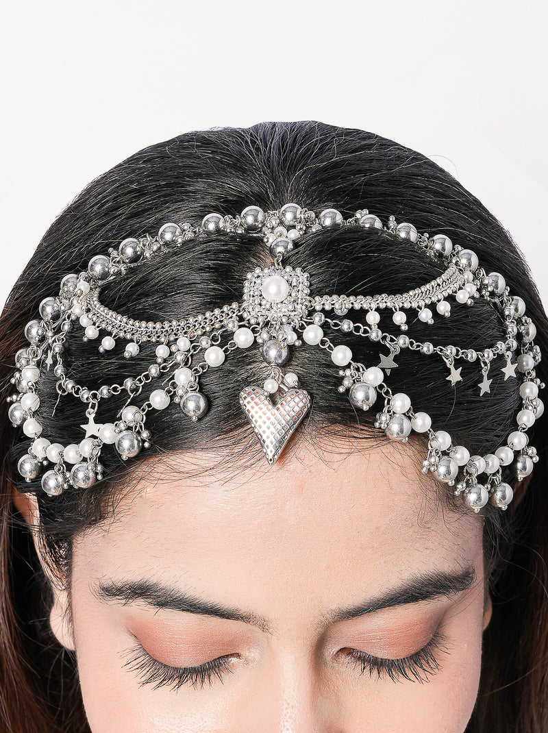 Liana handcrafted beaded maathapatti headpiece featuring intricate brass detailing and a silver tone finish for bridal wear, weddings, and festive celebrations.