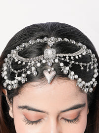 Liana handcrafted beaded maathapatti headpiece featuring intricate brass detailing and a silver tone finish for bridal wear, weddings, and festive celebrations.