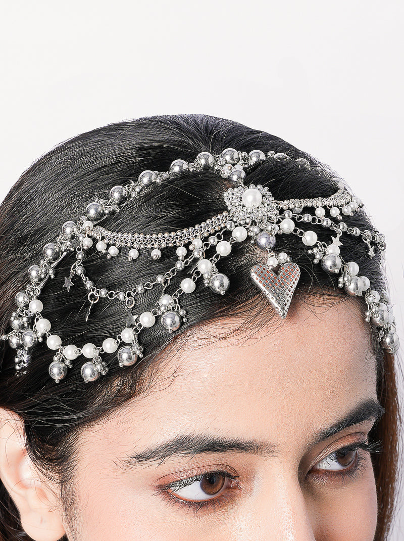 Liana handcrafted beaded maathapatti headpiece featuring intricate brass detailing and a silver tone finish for bridal wear, weddings, and festive celebrations.