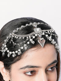 Liana handcrafted beaded maathapatti headpiece featuring intricate brass detailing and a silver tone finish for bridal wear, weddings, and festive celebrations.