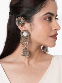 Mahi Antique Handmade Earrings handcrafted with mirror accents, intricate glass bead embroidery, cascading bead tassels, jhumka detailing, matching earcuff, and an Antique Tone Finish, perfect for weddings, Mehndi, festive celebrations, receptions, and elegant traditional styling.