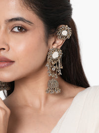 Mahi Antique Handmade Earrings handcrafted with mirror accents, intricate glass bead embroidery, cascading bead tassels, jhumka detailing, matching earcuff, and an Antique Tone Finish, perfect for weddings, Mehndi, festive celebrations, receptions, and elegant traditional styling.