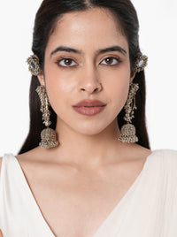 Mahi Antique Handmade Earrings handcrafted with mirror accents, intricate glass bead embroidery, cascading bead tassels, jhumka detailing, matching earcuff, and an Antique Tone Finish, perfect for weddings, Mehndi, festive celebrations, receptions, and elegant traditional styling.