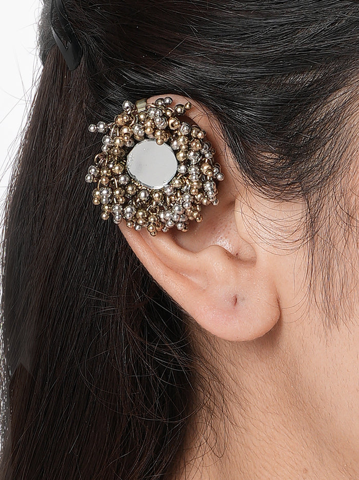 Maya Antique Beaded Earcuff handcrafted with a mirror centerpiece, metallic glass bead detailing, brass metal, and an Antique Tone Finish, perfect for weddings, Mehndi, festive celebrations, cultural events, and elegant ethnic styling.