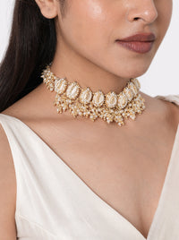 Megha Shell Ethnic Choker handcrafted with natural cowrie shells, faux pearl clusters, intricate glass bead embroidery, and a Gold Tone Finish, creating a statement bridal necklace perfect for Haldi, Mehndi, weddings, receptions, festive celebrations, and destination wedding styling.