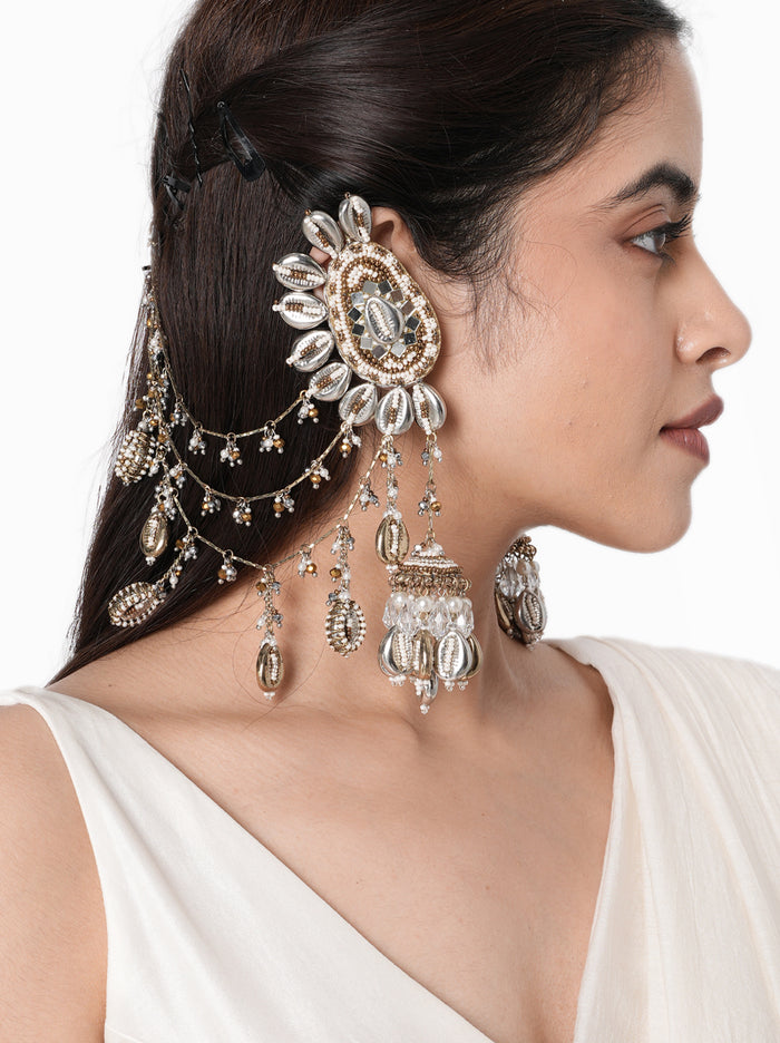 Meher Antique Shell Earchain handcrafted with natural shells, mirror detailing, faux pearls, cascading glass bead chains, and an Antique Tone Finish, perfect for Haldi, Mehndi, Sangeet, destination weddings, beach weddings, receptions, and luxury bridal styling.