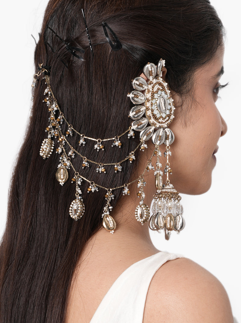 Meher Antique Shell Earchain handcrafted with natural shells, mirror detailing, faux pearls, cascading glass bead chains, and an Antique Tone Finish, perfect for Haldi, Mehndi, Sangeet, destination weddings, beach weddings, receptions, and luxury bridal styling.
