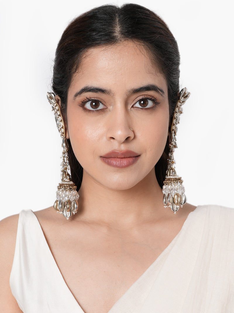 Meher Antique Shell Earchain handcrafted with natural shells, mirror detailing, faux pearls, cascading glass bead chains, and an Antique Tone Finish, perfect for Haldi, Mehndi, Sangeet, destination weddings, beach weddings, receptions, and luxury bridal styling.