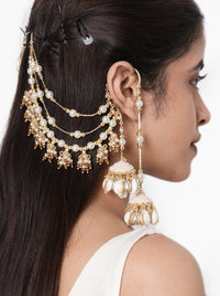 Miska Handmade Shell Earrings handcrafted with shell jhumkas, layered pearl earchain, faux pearls, glass beads, and a Gold Tone Finish, perfect for Haldi, Mehndi, weddings, receptions, destination weddings, and luxury bridal styling.