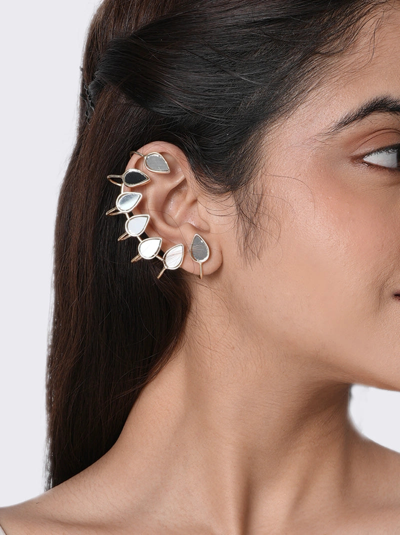 Misti Stylish Mirror Earcuff handcrafted with leaf-shaped mirror accents and brass metal in a Gold Tone Finish, featuring a contemporary ear-climbing design with push back closure, perfect for parties, weddings, festive occasions, vacations, and modern fashion styling.