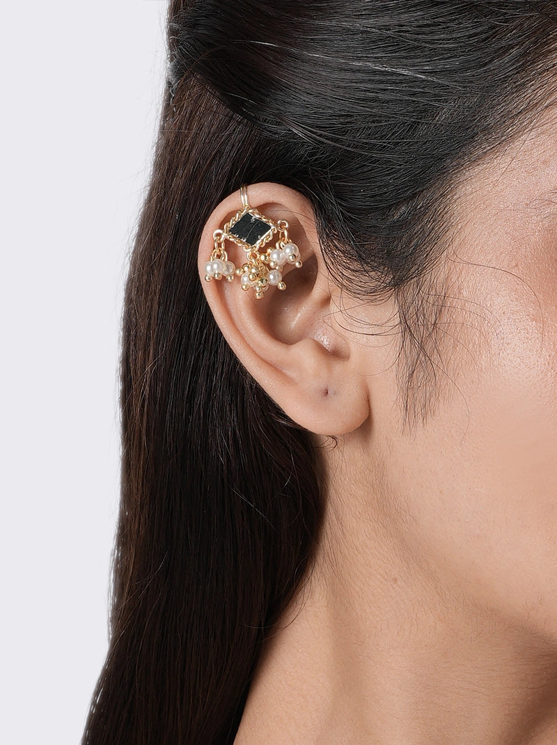 Mita Simple Beaded Earcuff handcrafted with brass metal, geometric mirror, faux pearls and glass beads in a Gold Tone Finish, perfect for festive celebrations, weddings and modern Indo-western outfits.