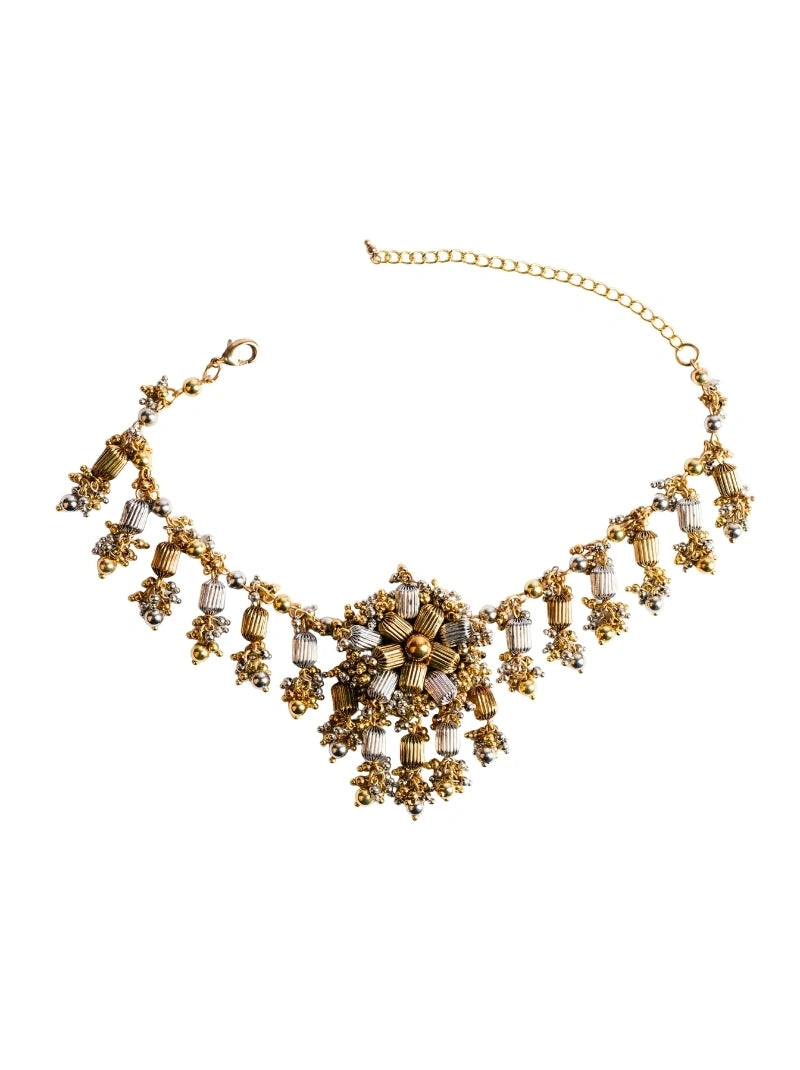 Handcrafted Mohita Royal Heritage Choker featuring brass metal and intricate thread embroidery with an elegant Antique Finish for bridal and festive wear.