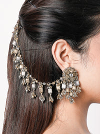 Handcrafted Shivani heritage dangler earrings crafted in brass with beadwork and faux pearl accents in an elegant antique finish.