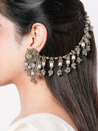 Handcrafted Shivani heritage dangler earrings crafted in brass with beadwork and faux pearl accents in an elegant antique finish.