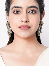 Handcrafted Shivani heritage dangler earrings crafted in brass with beadwork and faux pearl accents in an elegant antique finish.