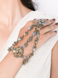 Handcrafted Mohita Imperial Haathphool Bracelet featuring brass metal, pearl accents and thread embroidery with an elegant Antique Finish for bridal and festive wear.