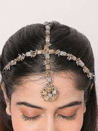 Handcrafted Mohita Regal Mathapatti Headpiece featuring a floral brass design in antique gold and silver tones with an elegant Antique Finish for bridal and festive wear.