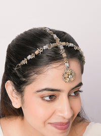 Handcrafted Mohita Regal Mathapatti Headpiece featuring a floral brass design in antique gold and silver tones with an elegant Antique Finish for bridal and festive wear.