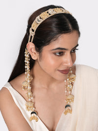 Mokshika Mirror Ethnic Hairband handcrafted with crescent mirror motifs, faux pearls, intricate glass bead embroidery, cascading tassels, and a Gold Tone Finish, perfect for Haldi, Mehndi, Sangeet, weddings, receptions, destination weddings, and elegant bridal hairstyles.