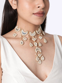 Navya Embroidered Mirror Choker handcrafted with crescent mirror motifs, intricate thread embroidery, faux pearls, glass beads, cascading mirror drops, and a Gold Tone Finish, perfect for weddings, bridal wear, mehendi, haldi, receptions, festive occasions, and statement ethnic styling.