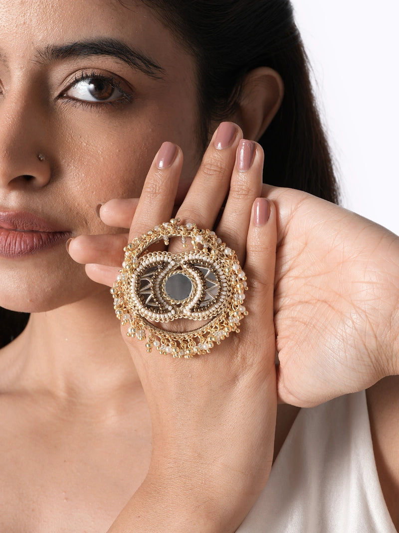 Nayra Mirror Statement Ring handcrafted with mirror accents, intricate thread embroidery, glass bead detailing, and brass metal in a Gold Tone Finish, featuring an oversized circular design perfect for weddings, festive occasions, cocktail parties, and contemporary styling.