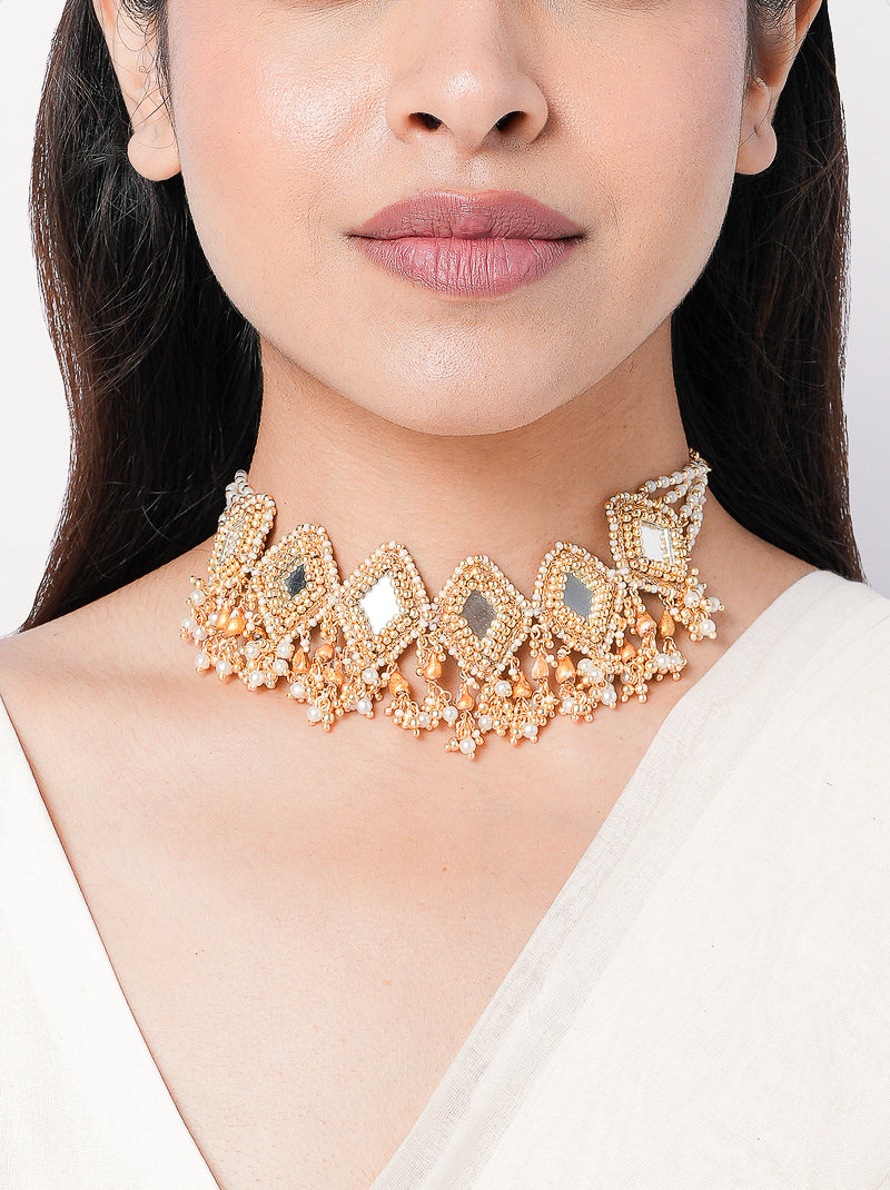 Kayali Mirror Choker Necklace featuring geometric mirror accents, faux pearls, intricate gold tone beadwork and handcrafted detailing for festive and wedding wear.