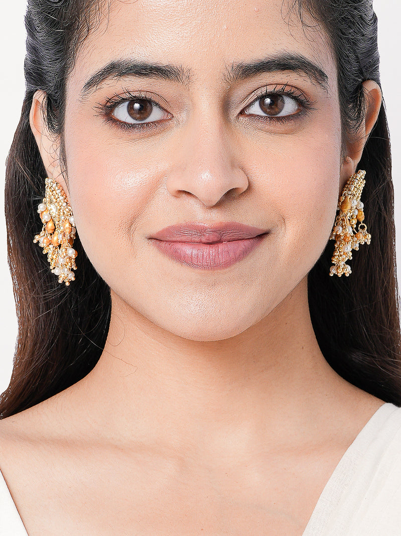 Nikki Mirror Pearl Earrings featuring handcrafted mirror accents, pearl embellishments, brass metal detailing, and  gold tone Finish, perfect for bridal jewelry, festive occasions, wedding styling, contemporary ethnic fashion, and elegant statement wear.