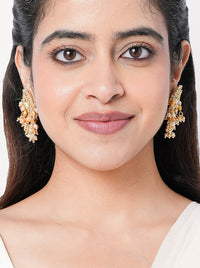 Nikki Mirror Pearl Earrings featuring handcrafted mirror accents, pearl embellishments, brass metal detailing, and  gold tone Finish, perfect for bridal jewelry, festive occasions, wedding styling, contemporary ethnic fashion, and elegant statement wear.