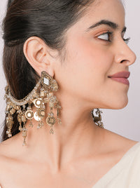 Nilaya Designer Mirror Earrings in antique gold featuring handcrafted mirror motifs, coin charms, crystal detailing, metallic beadwork, and an elegant ear chain for bridal, festive, and wedding wear.