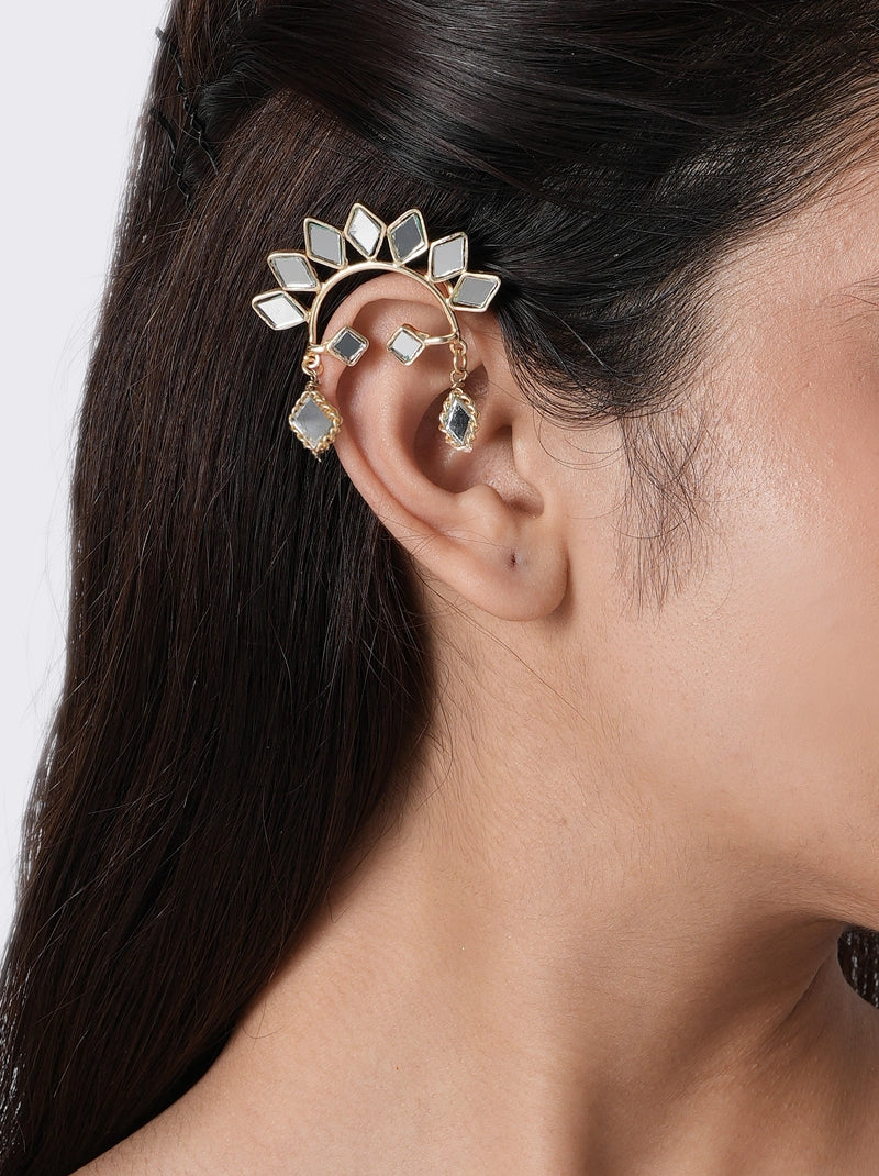 Nita Modern Style Earcuff handcrafted with geometric mirror accents, glass stone drops and brass metal in a Gold Tone Finish, perfect for festive celebrations, weddings and contemporary Indo-western styling.