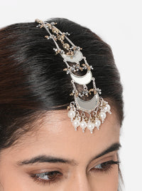 Nitya Mirror Pearl Maangtika handcrafted with layered crescent mirror motifs, faux pearl drops, intricate glass bead detailing, and a Silver Tone Finish, perfect for weddings, Mehndi, Sangeet, festive celebrations, receptions, and contemporary ethnic styling.