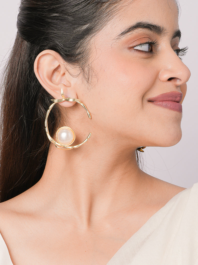 Handcrafted Panda Pearl Hoop Earrings featuring a twisted gold tone hoop design with a faux pearl accent for contemporary statement styling.