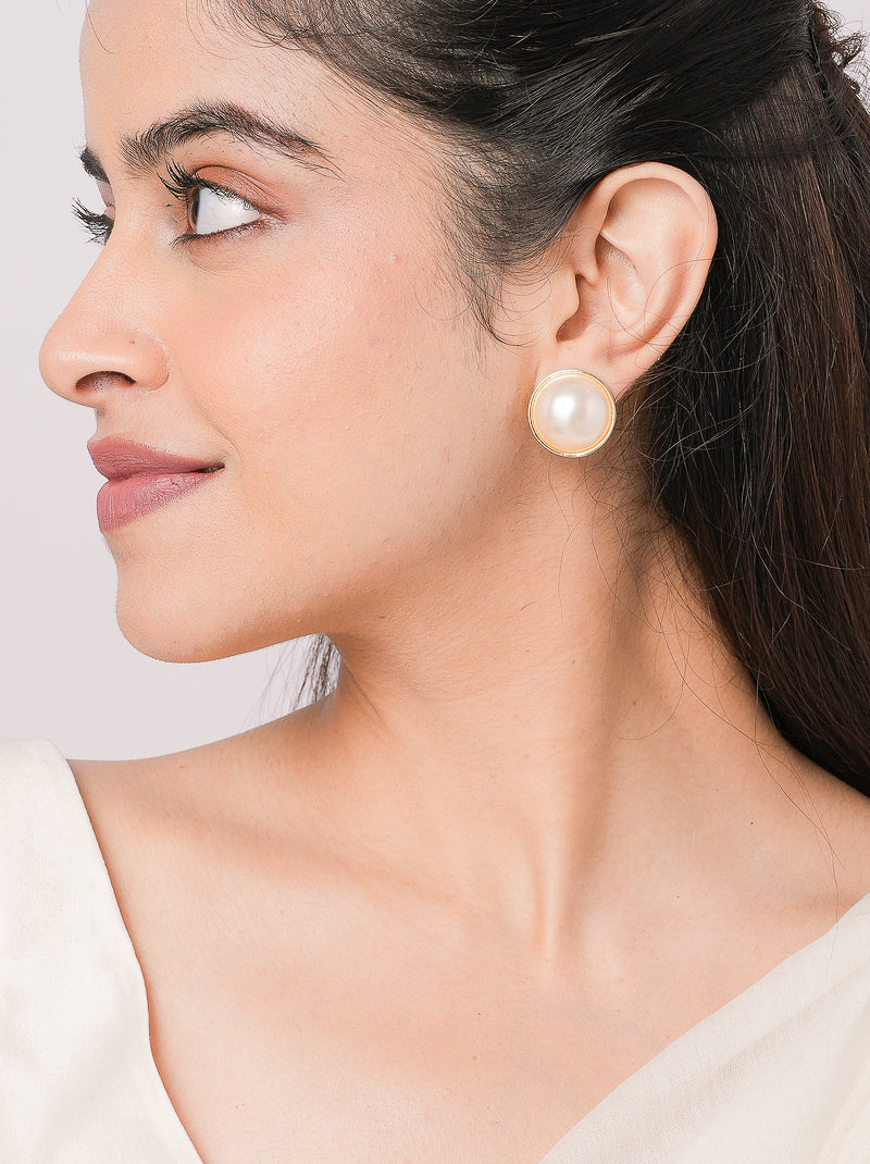 Panda Pearl Stud Earrings handcrafted with luminous faux pearls set in a sleek Gold Tone Finish, perfect for everyday wear, office styling, festive occasions and elegant minimal looks.