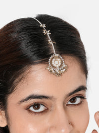 Rashmika Antique Fashion Maangtika handcrafted with a mirror centerpiece, faux pearls, intricate glass bead detailing, and an Antique Tone Finish, perfect for weddings, receptions, Mehndi, Sangeet, festive celebrations, and elegant bridal styling.