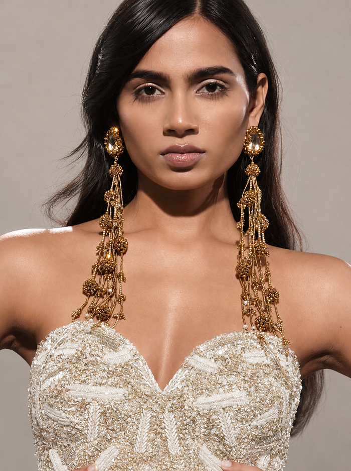 Antique Gold Long Beaded Statement Earrings for Women