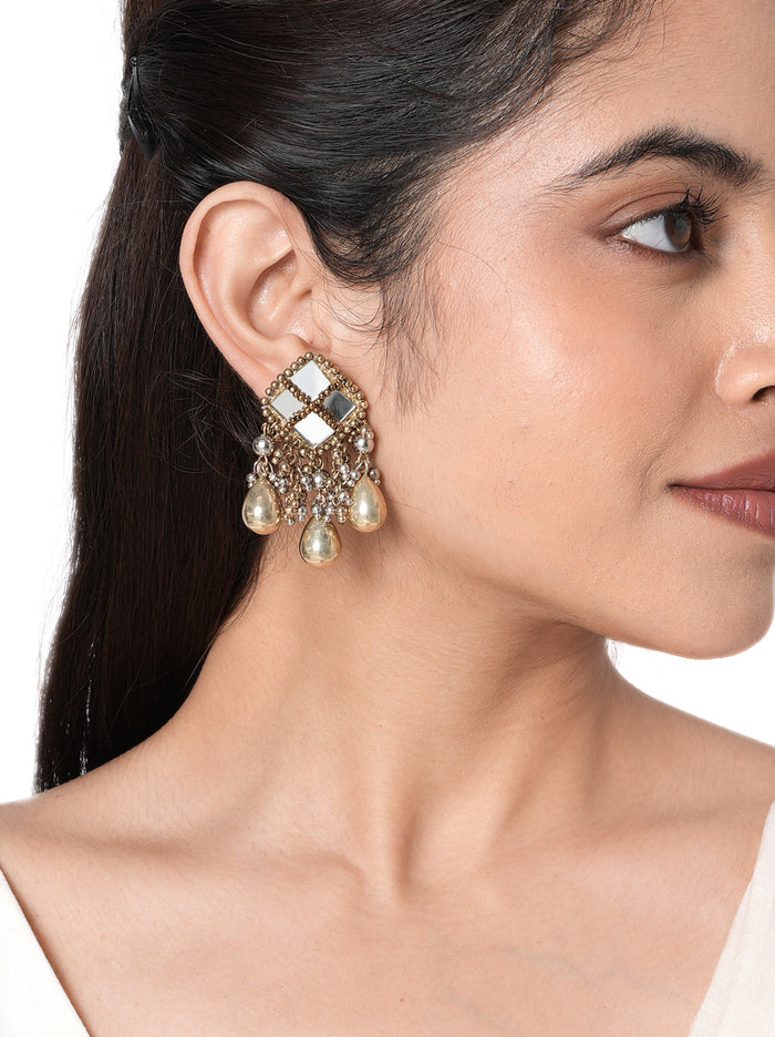 Riwaayat Antique Mirror Earrings handcrafted with geometric mirror accents, intricate glass bead embroidery, faux pearl drops, brass metal, and an Antique Tone Finish, perfect for weddings, Mehndi, festive celebrations, receptions, and elegant traditional styling.