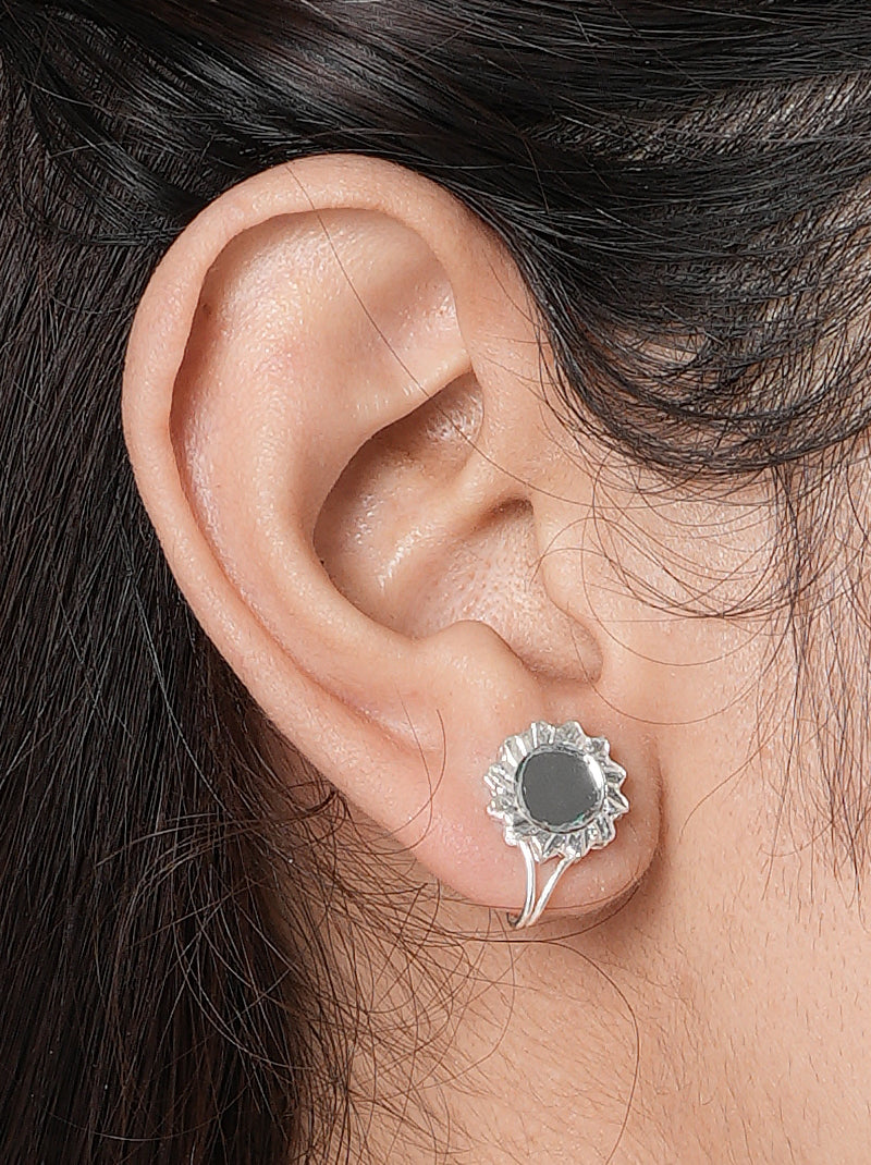 Riya Minimal Mirror Earrings handcrafted with a round mirror centerpiece, textured floral border, and a Silver Tone Finish, perfect for everyday wear, office styling, festive occasions, and contemporary ethnic fashion.