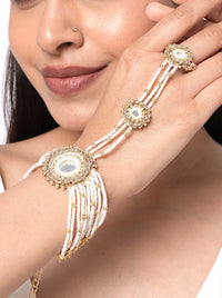 Roop Handcrafted Royal Haathphool handcrafted with faux pearls, glass beads, thread detailing, and brass metal in a Gold Tone Finish, featuring layered beaded strands with ornate circular motifs, perfect for weddings, mehendi, haldi ceremonies, festive occasions, and elegant bridal styling.