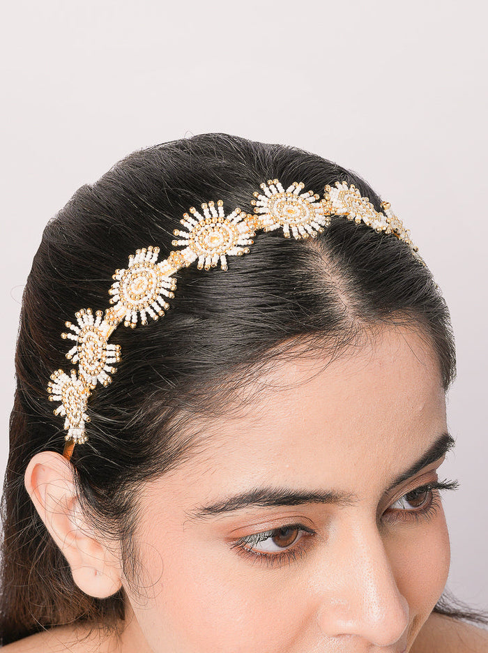 Sandhya Pearl Hairband Crown handcrafted with faux pearls, intricate bead embroidery and elegant gold tone finish for bridal and festive occasions.