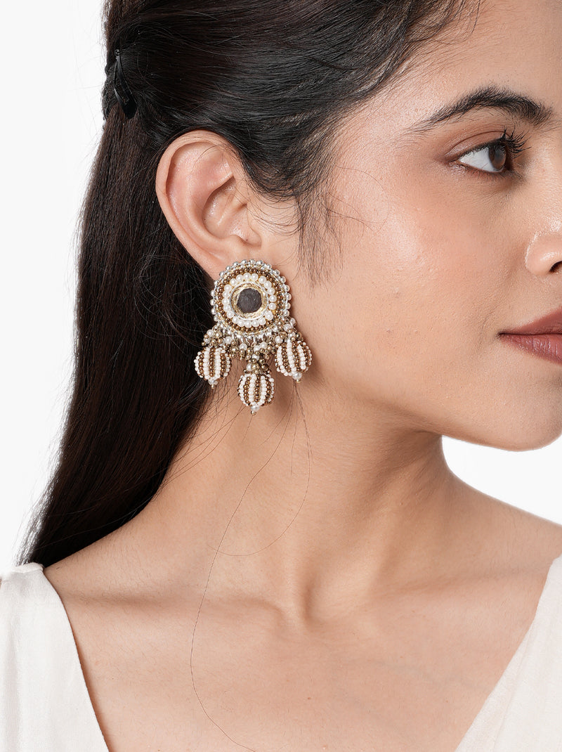 Sania Minimal Beaded Earrings handcrafted with a mirror centerpiece, intricate glass bead embroidery, faux pearl accents, and an Antique Tone Finish, perfect for festive celebrations, Mehndi, weddings, family functions, and elegant ethnic styling.