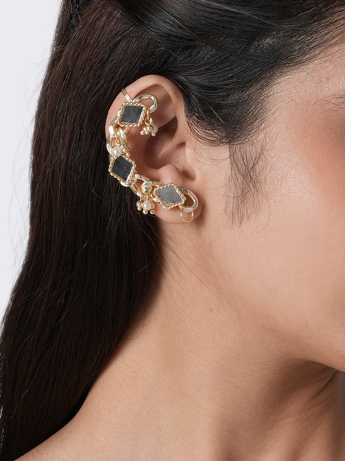 Sara Mirror Statement Earrings handcrafted with geometric mirror glass, faux pearl accents, and brass metal in a Gold Tone Finish, featuring a contemporary ear cuff design perfect for weddings, festive celebrations, cocktail parties, receptions, and modern Indo-western styling.