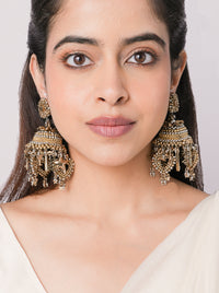 Saroor Antique Jhumka Earrings featuring handcrafted antique dual-tone beadwork, intricate dome-shaped jhumka detailing and dangling accents for bridal and festive occasions.