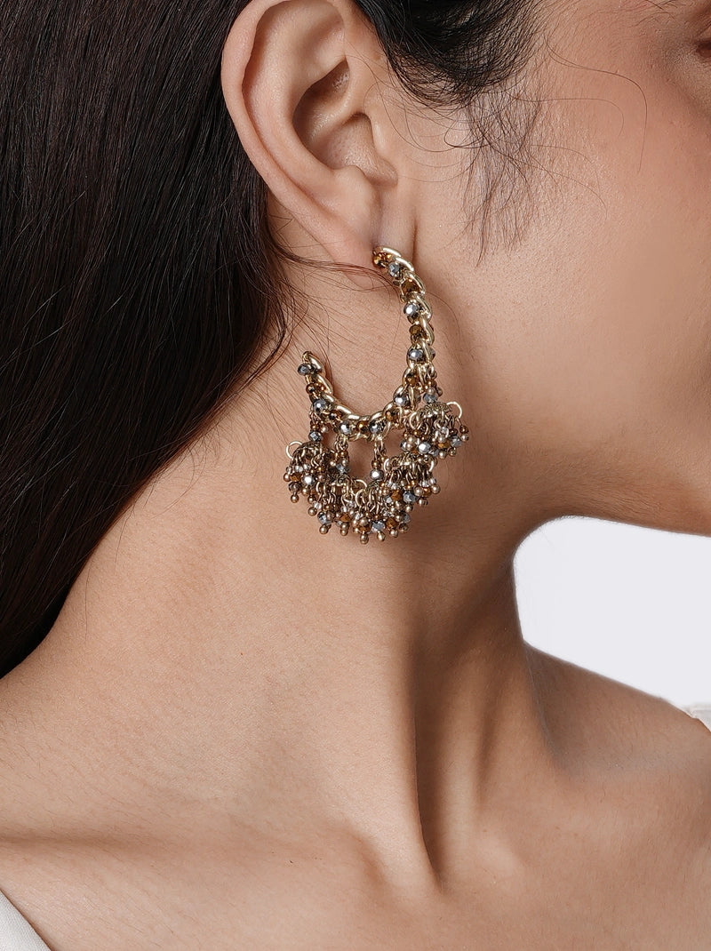 Serena Antique Hoop Earrings handcrafted with antique tone brass metal and clustered glass bead detailing, perfect for weddings, festive celebrations, cocktail parties, ethnic wear, and Indo-western styling.