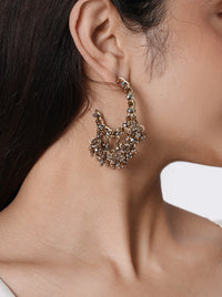 Serena Antique Hoop Earrings handcrafted with antique tone brass metal and clustered glass bead detailing, perfect for weddings, festive celebrations, cocktail parties, ethnic wear, and Indo-western styling.
