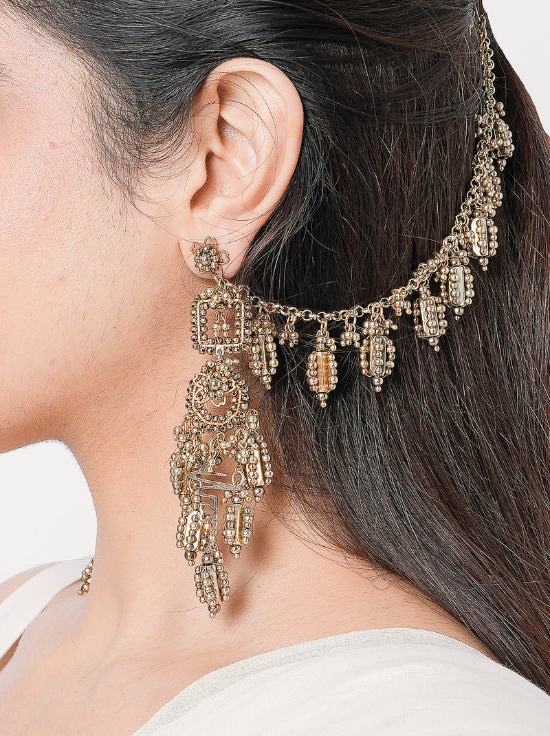 Handcrafted Shanaya Luxe Artisan Earrings featuring brass metal, thread embroidery and bead detailing with an elegant Antique Finish for bridal and festive wear.